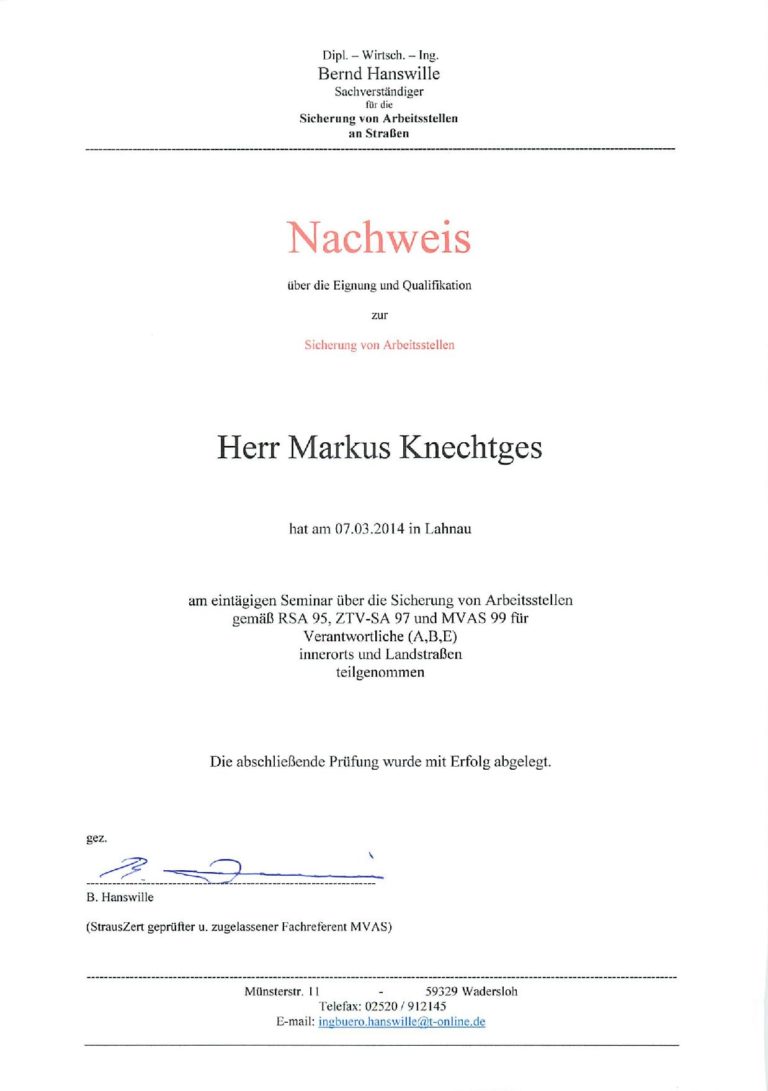 Sicherung Arbeitsstellen Knechtges - EUBU