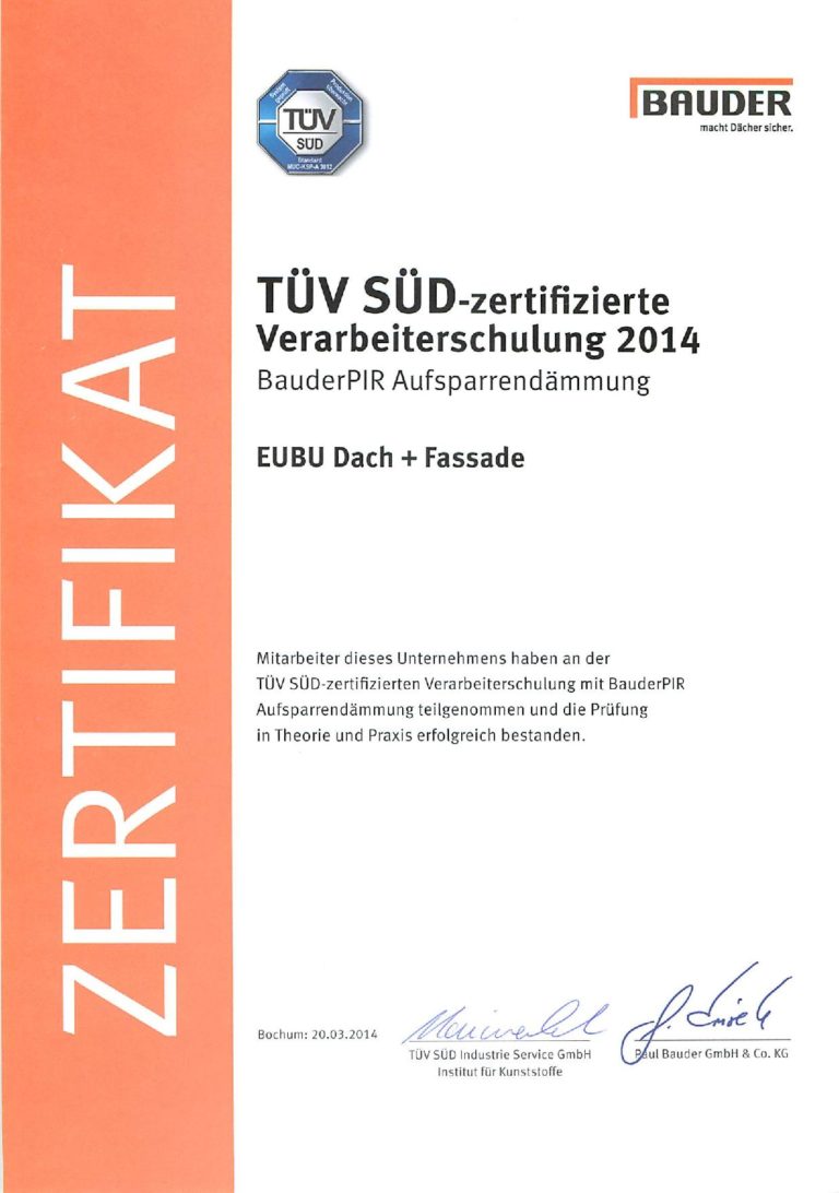 Bauder TÜV Zertifkat Aufsparrendämmung - EUBU