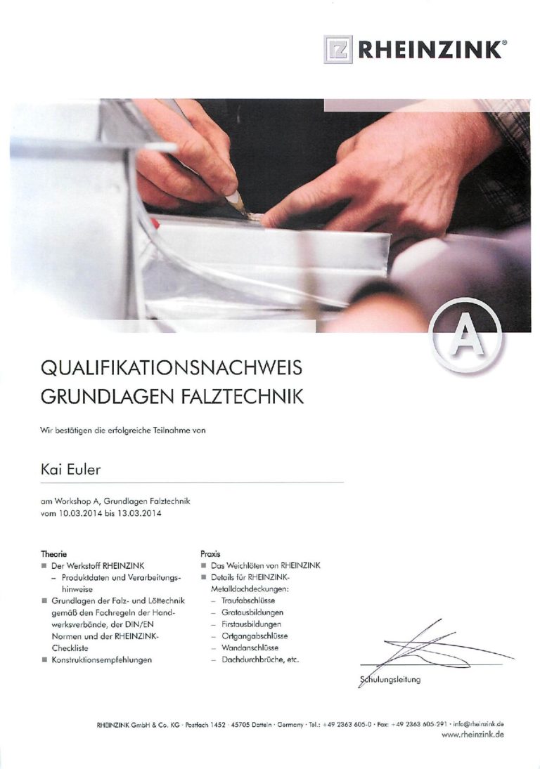 Rheinzink Zertifikat - EUBU